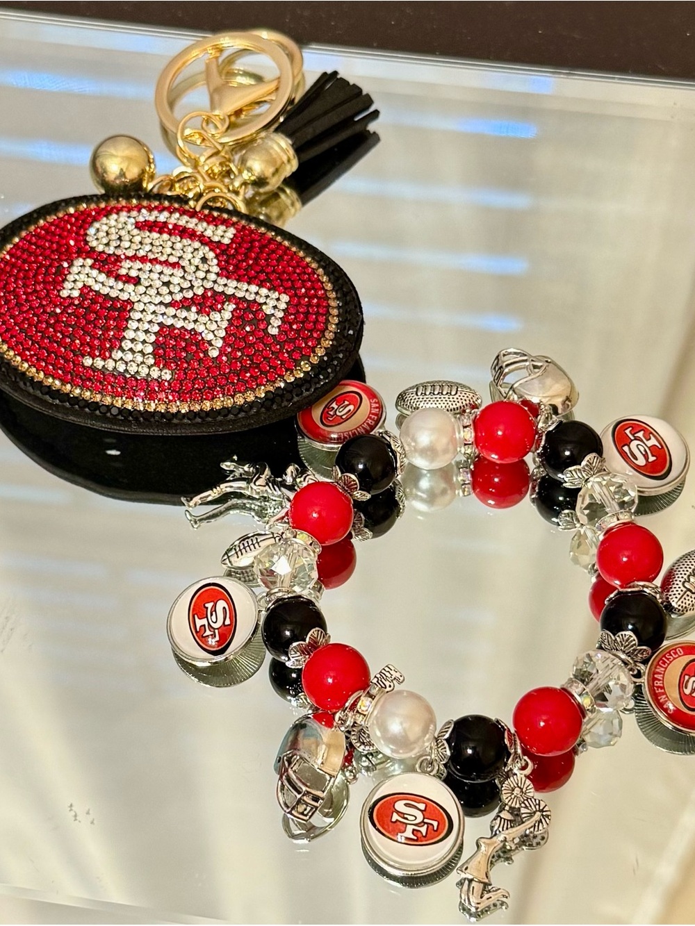 New San Francisco 49ers Red & Black Beaded Keychain  & Bracelet